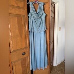 Cachet Floor Length Gown with Caviar Beaded Cowl Neckline - Color Sky